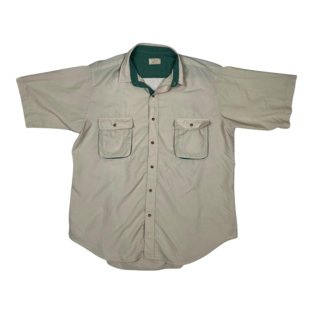 Vintage L.L. Bean Shirt Mens 2XL Beige Short Sleeve Sportif Fishing Button Front